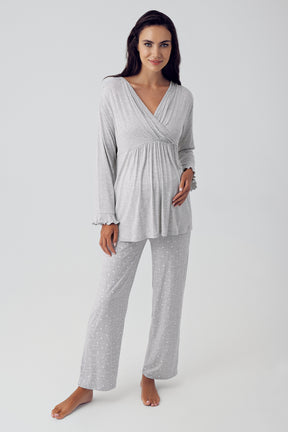 Puantiyeli Kruvaze Lohusa Pijama Takımı Gri - 15202