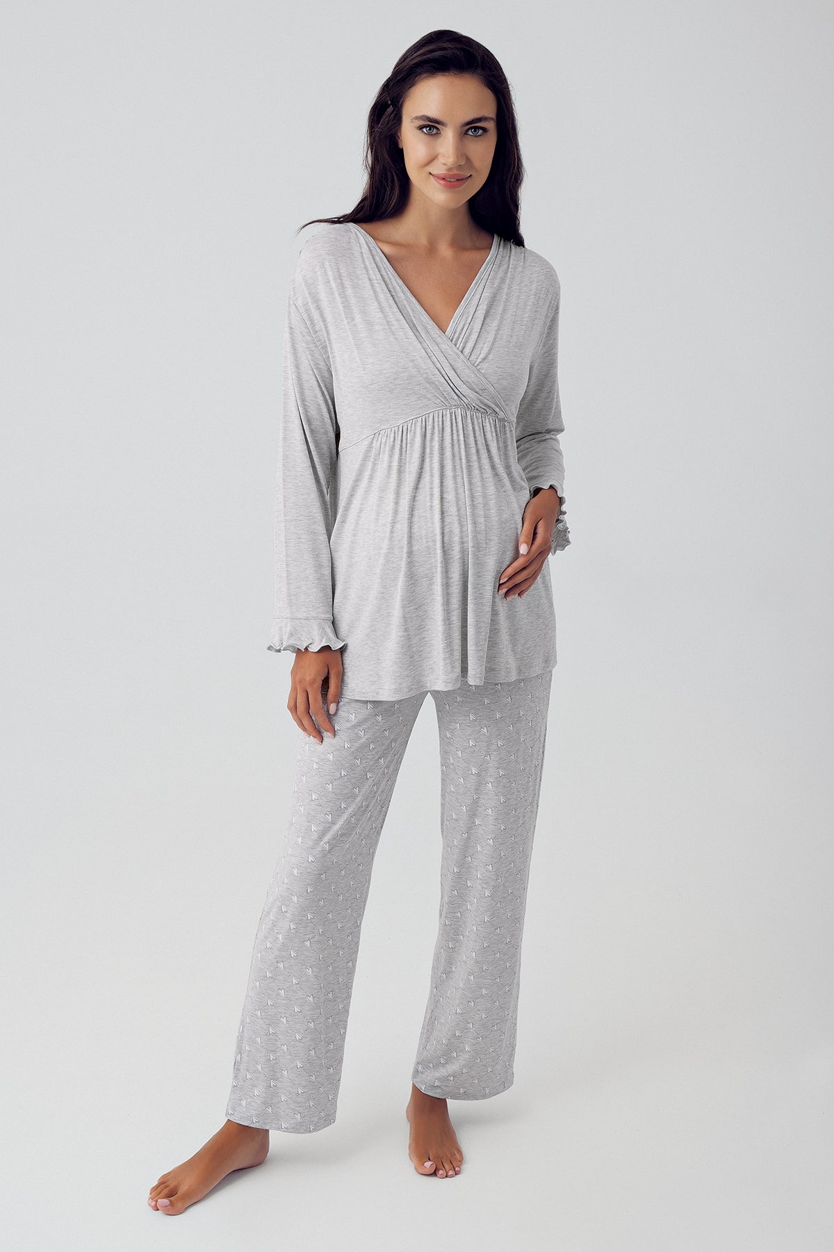 Puantiyeli Sabahlıklı Kruvaze Lohusa Pijama Takımı Gri - 15302