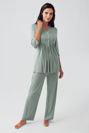 Çiçek Desen Sabahlıklı Puantiyeli Lohusa Pijama Takımı Yeşil - 15304