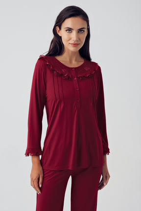 Sabahlıklı Dantel Detaylı Lohusa Pijama Takımı Bordo - 15310