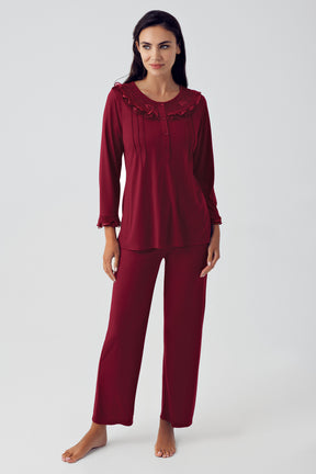 Sabahlıklı Dantel Detaylı Lohusa Pijama Takımı Bordo - 15310