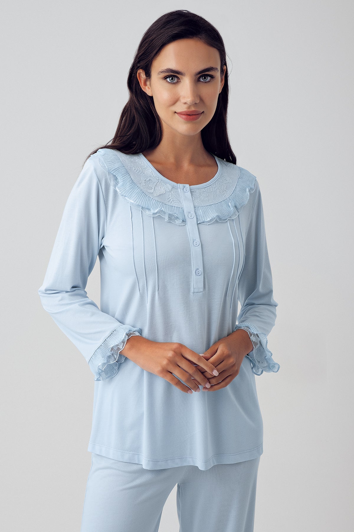 Dantel Detaylı Lohusa Pijama Takımı Mavi - 15210