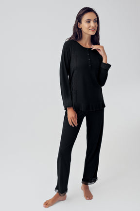 Pileli Lohusa Pijama Takımı Siyah - 15216