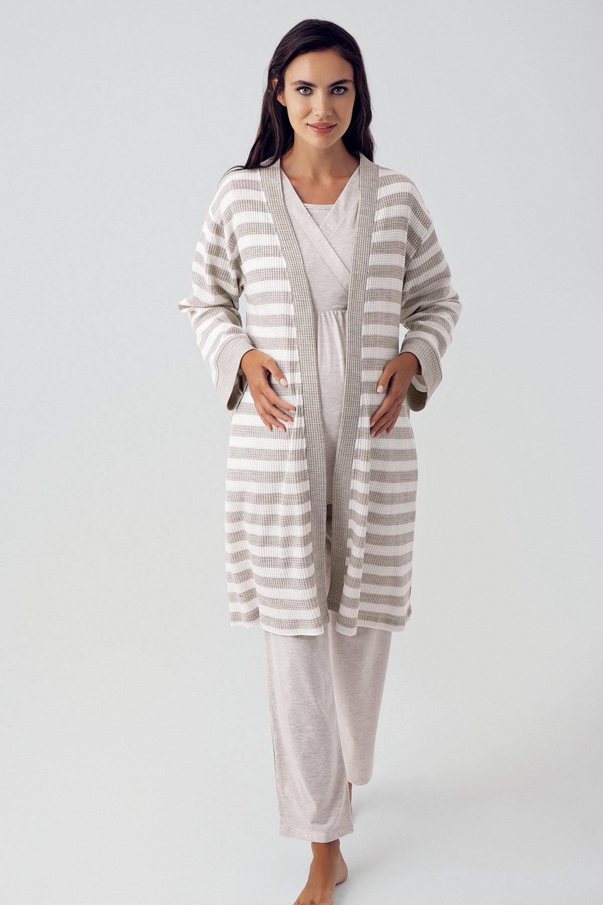 Çizgili Sabahlıklı Kruvaze Lohusa Pijama Takımı Bej - 15301