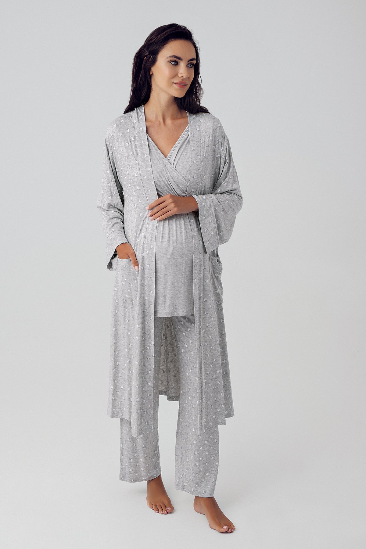 Puantiyeli Sabahlıklı Kruvaze Lohusa Pijama Takımı Gri - 15302