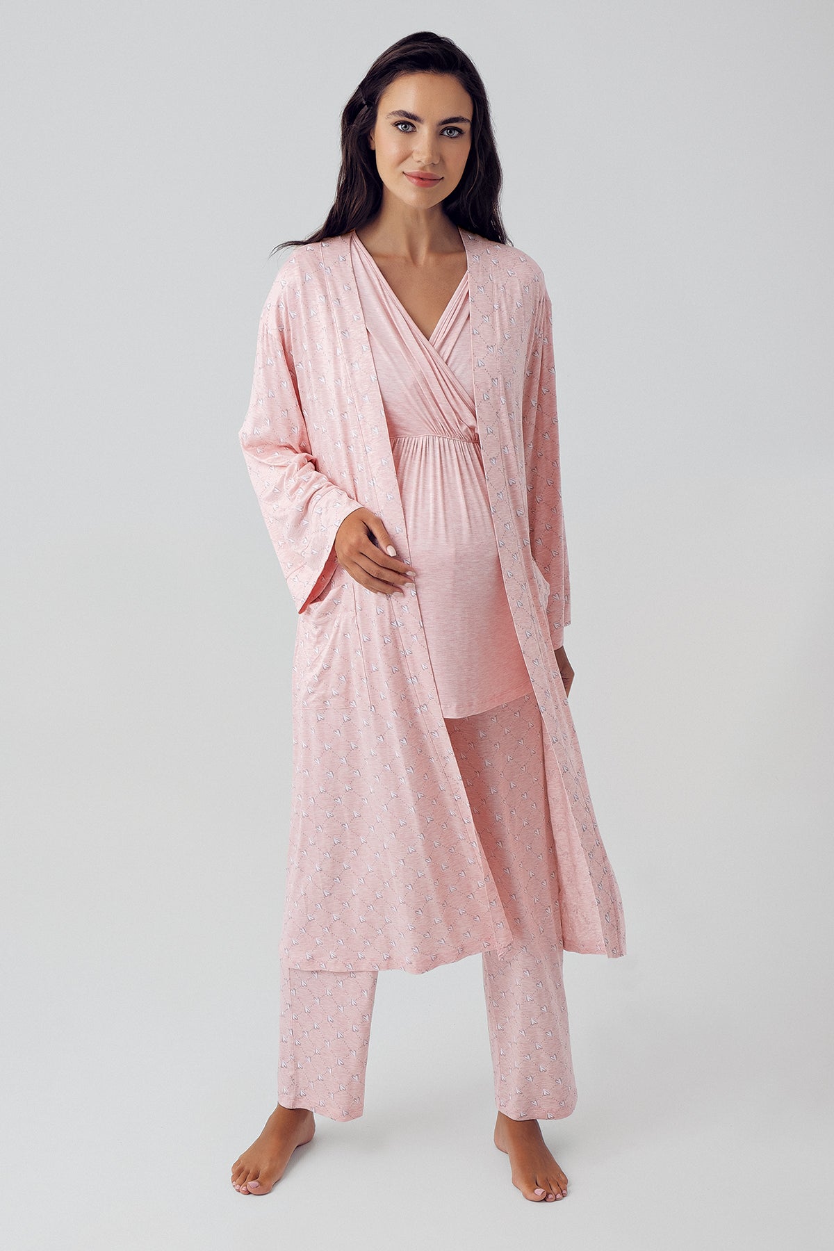 Puantiyeli Sabahlıklı Kruvaze Lohusa Pijama Takımı Pudra - 15302