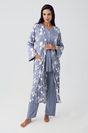 Çiçek Desen Sabahlıklı Puantiyeli Lohusa Pijama Takımı İndigo - 15304