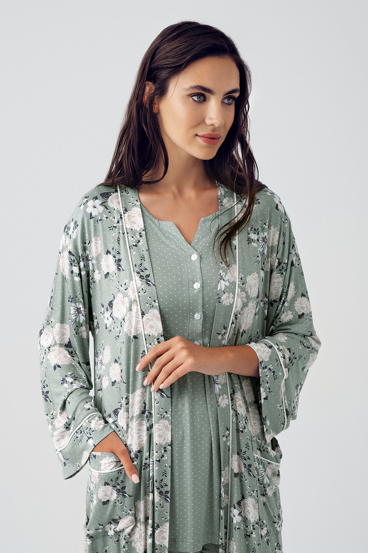 Çiçek Desen Sabahlıklı Puantiyeli Lohusa Pijama Takımı Yeşil - 15304