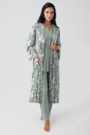 Çiçek Desen Sabahlıklı Puantiyeli Lohusa Pijama Takımı Yeşil - 15304