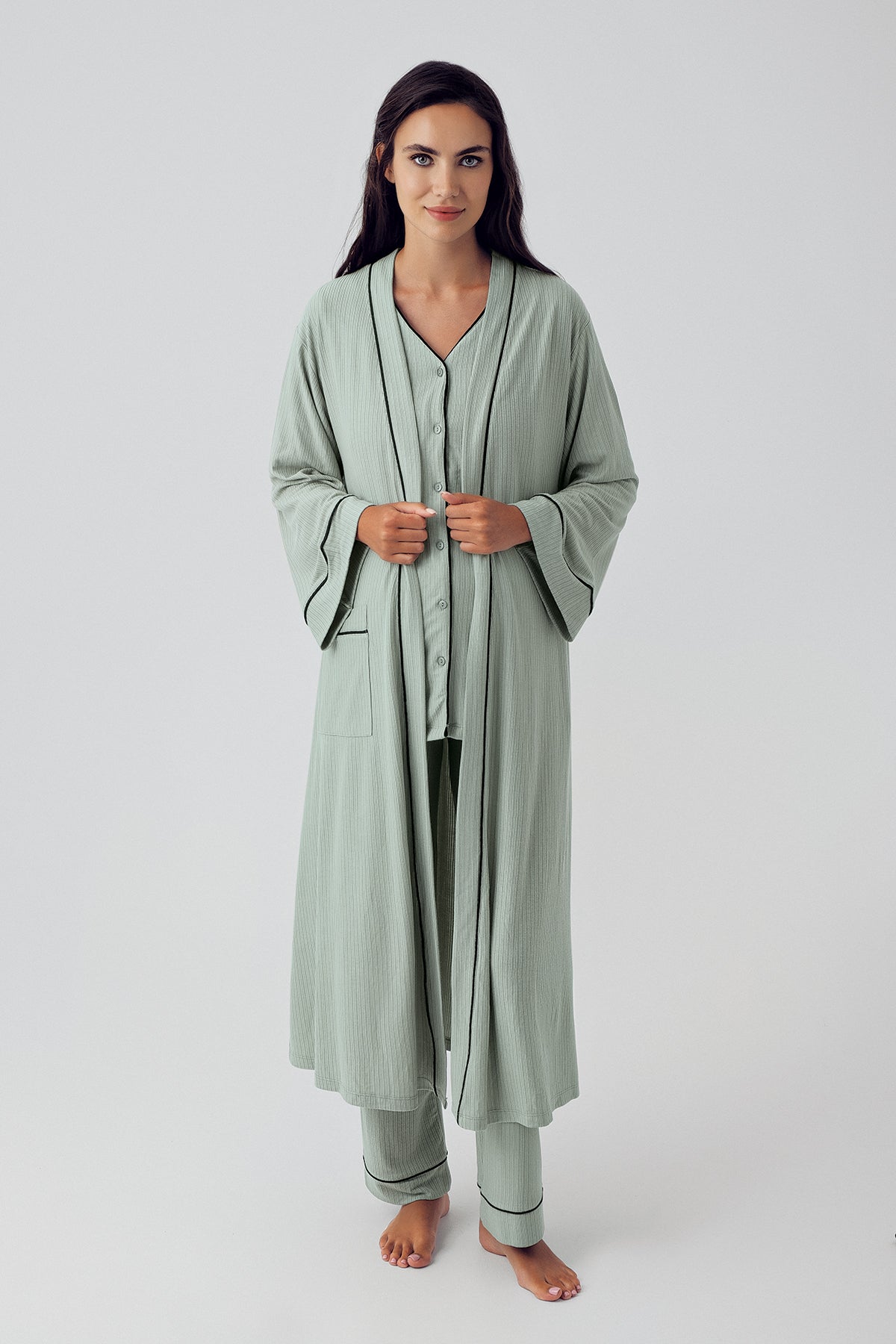 Sabahlıklı Çift Emzirme Özellikli Lohusa Pijama Takımı Çağla Yeşili - 15307