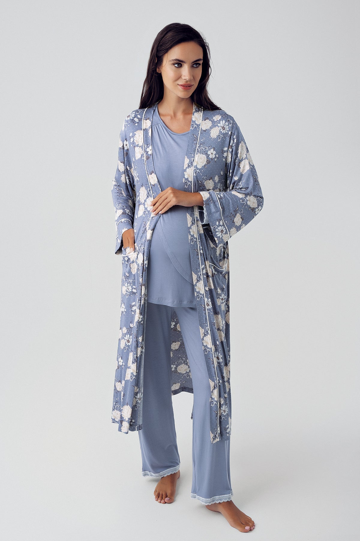 Çiçekli Sabahlıklı Geniş Kruvaze Lohusa Pijama Takımı İndigo - 15309