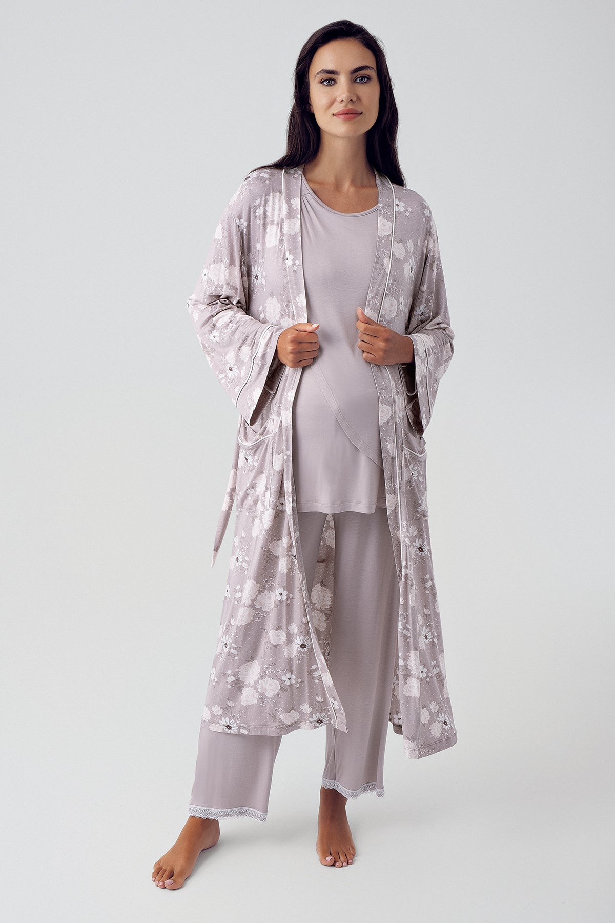 Çiçekli Sabahlıklı Geniş Kruvaze Lohusa Pijama Takımı Vizon - 15309