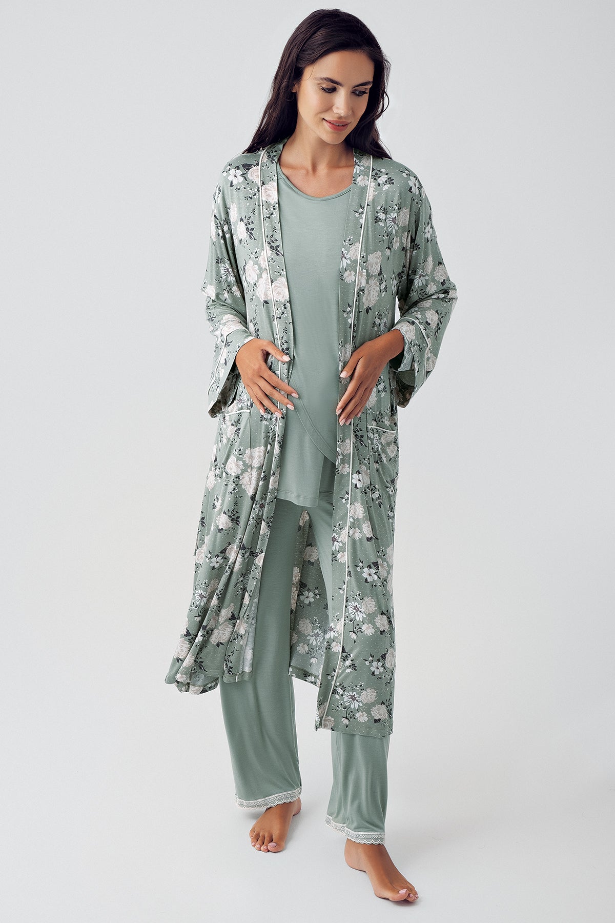 Çiçekli Sabahlıklı Geniş Kruvaze Lohusa Pijama Takımı Yeşil - 15309