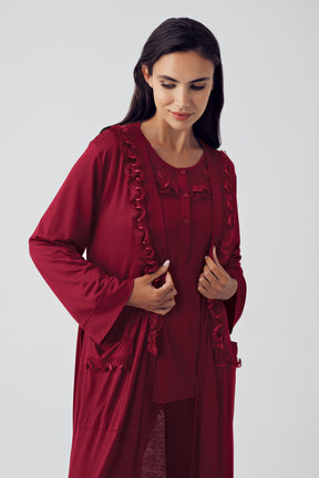 Sabahlıklı Dantel Detaylı Lohusa Pijama Takımı Bordo - 15310