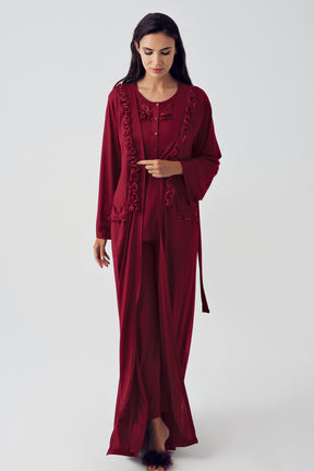 Sabahlıklı Dantel Detaylı Lohusa Pijama Takımı Bordo - 15310