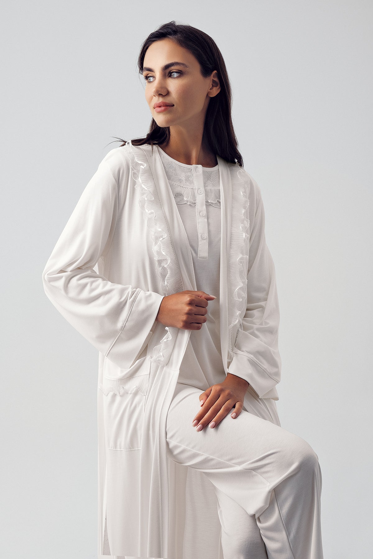 Sabahlıklı Dantel Detaylı Lohusa Pijama Takımı Ekru - 15310