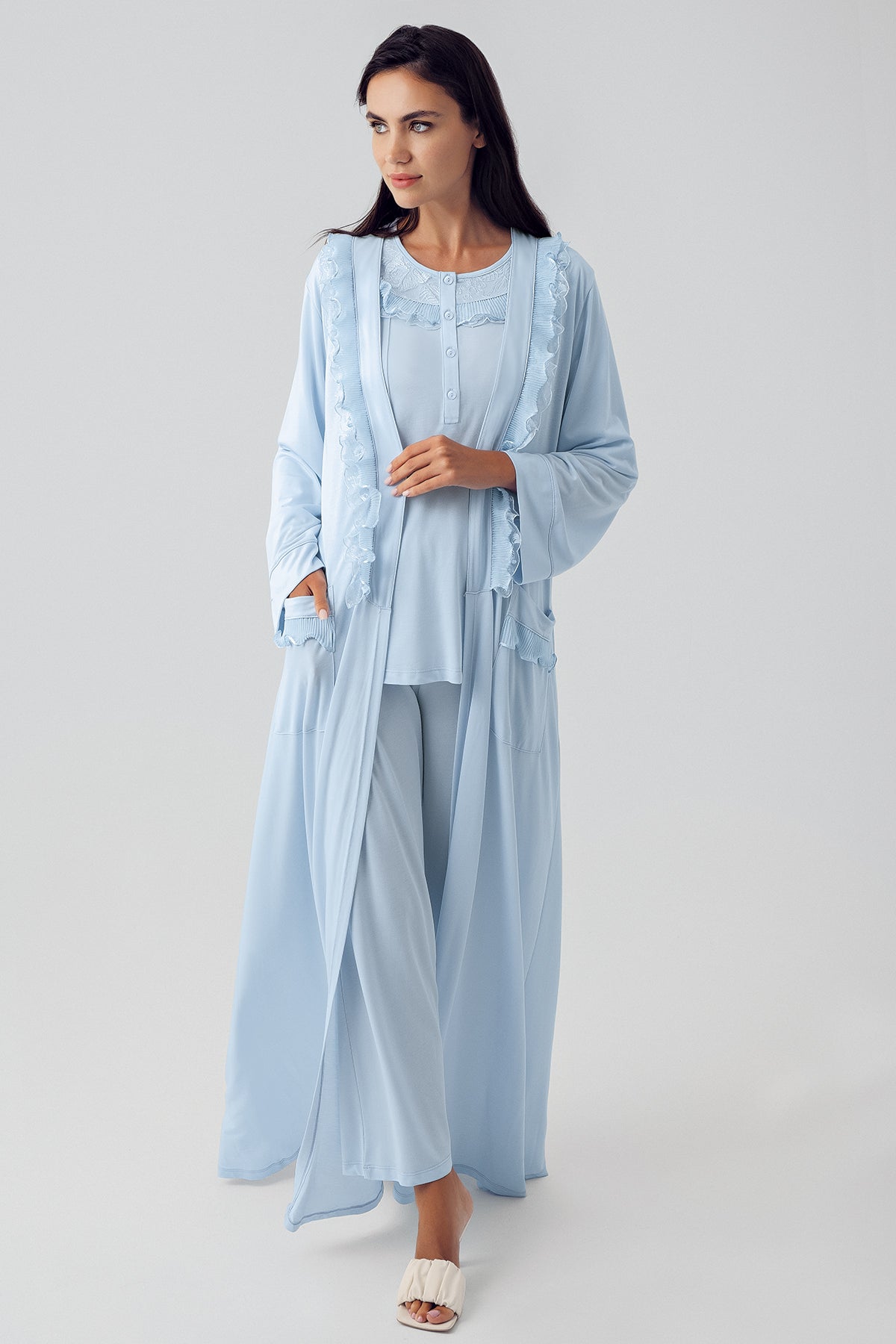 Sabahlıklı Dantel Detaylı Lohusa Pijama Takımı Mavi - 15310