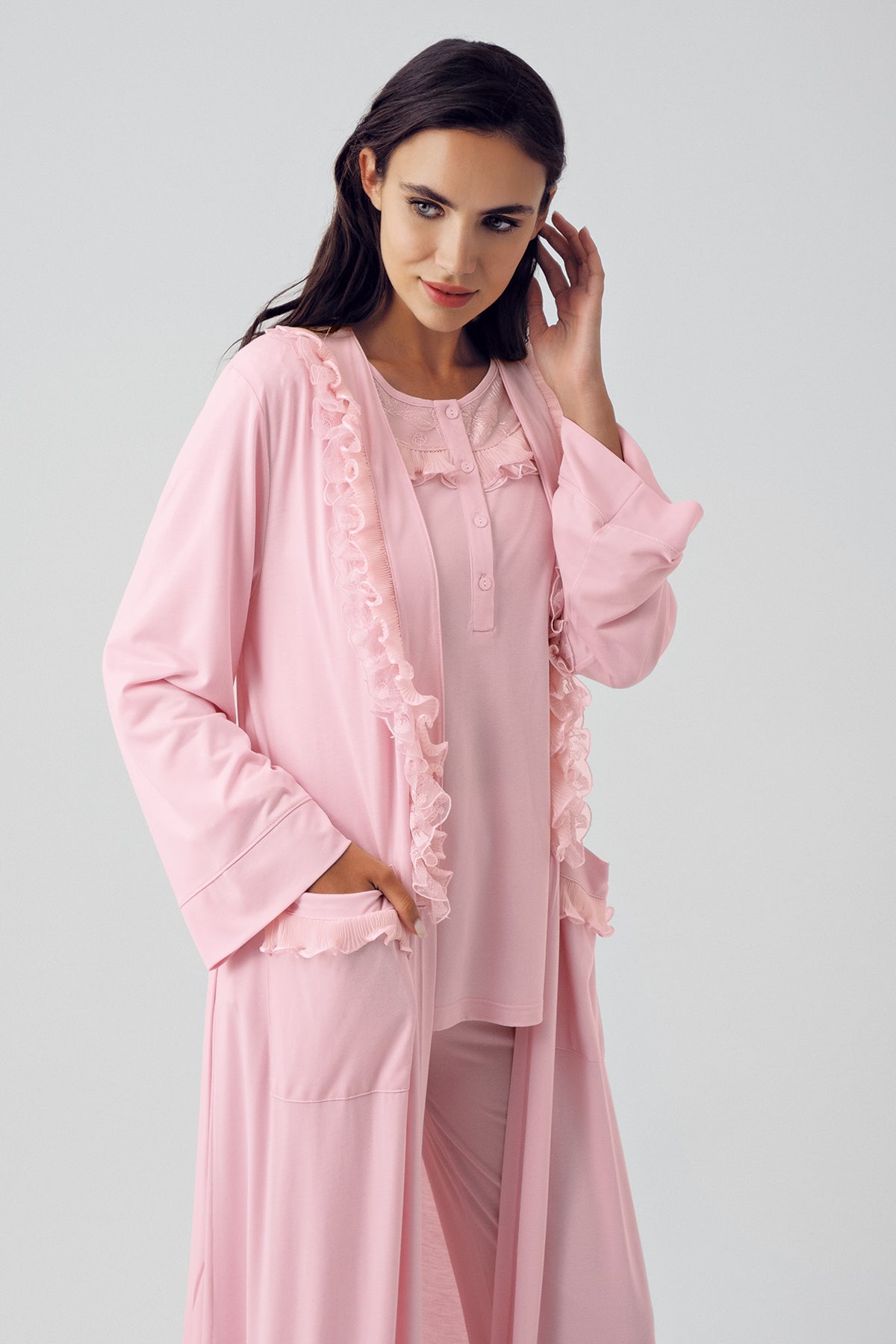 Sabahlıklı Dantel Detaylı Lohusa Pijama Takımı Pudra - 15310