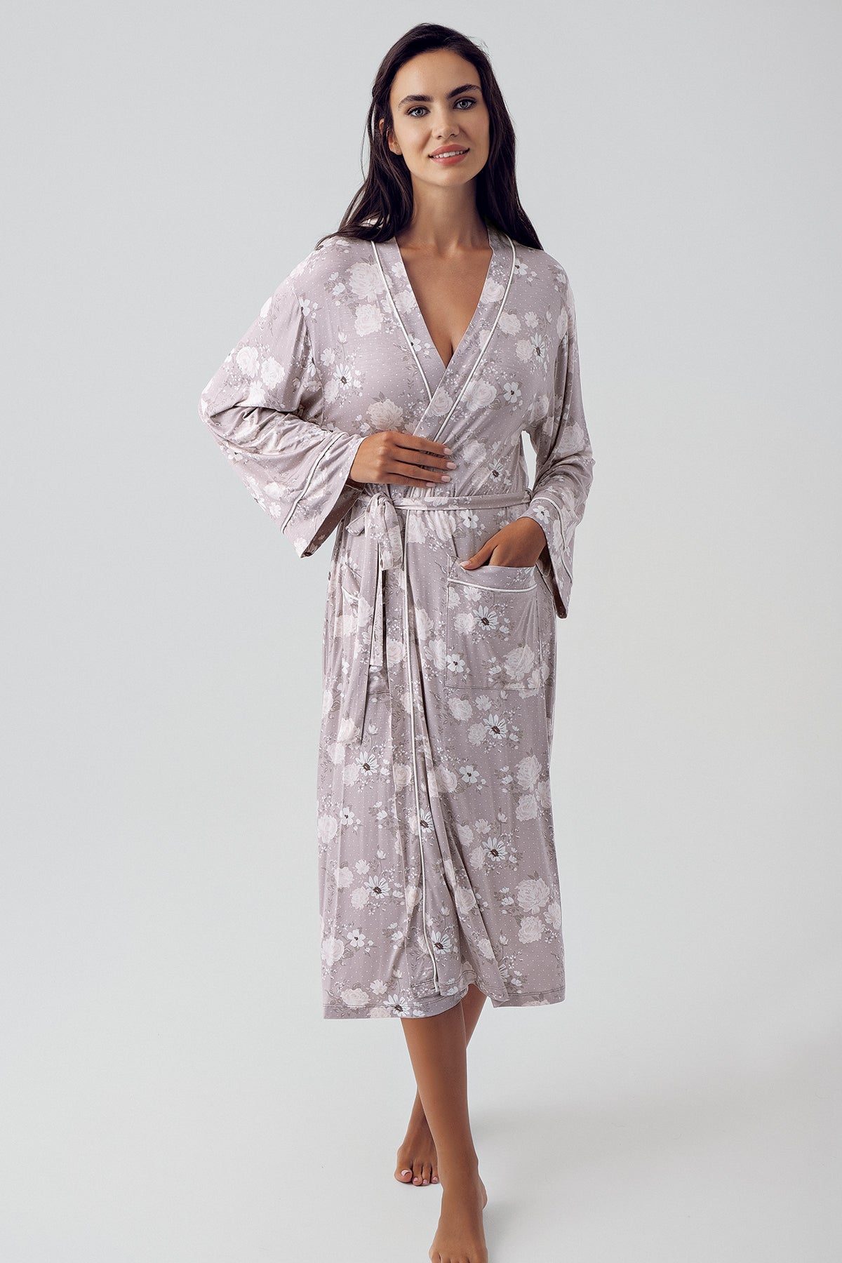 Çiçek Desen Sabahlıklı Puantiyeli Lohusa Pijama Takımı Vizon - 15304