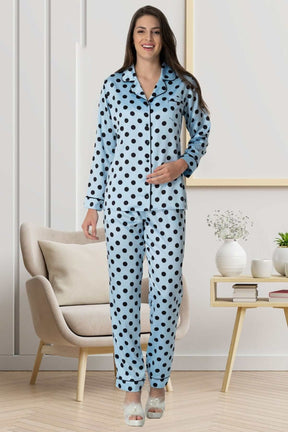 Carpediem 1550 Saten Puantiyeli Önden Düğmeli Lohusa Pijama Takımı - Lohusa Sepeti