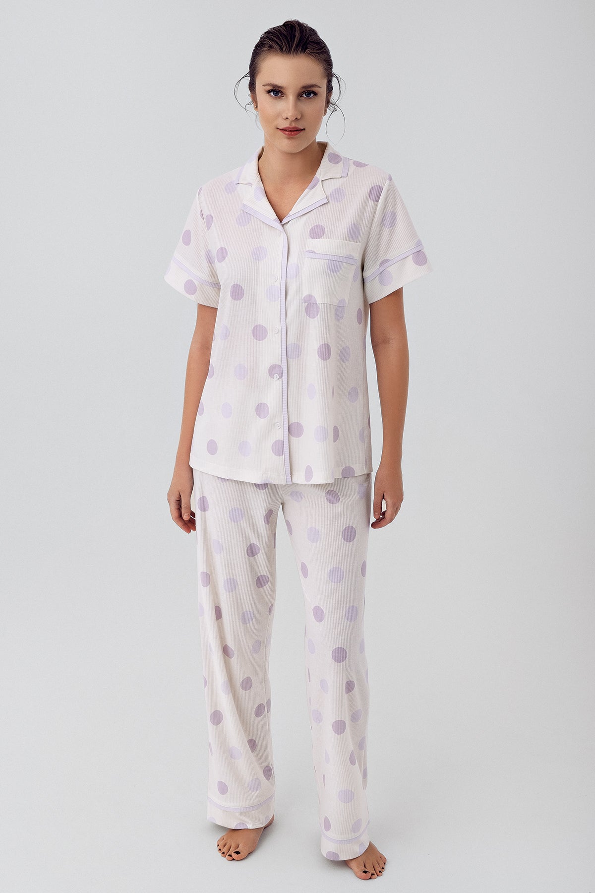 Puantiyeli Önden Düğmeli Lohusa Pijama Takımı - 16200