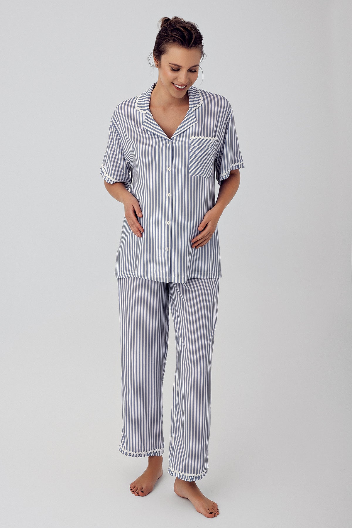 Çizgili Önden Düğmeli Lohusa Pijama Takımı - 16203
