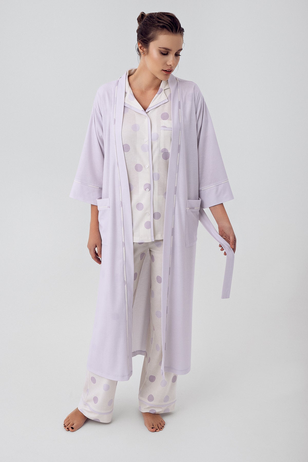 Sabahlıklı Puantiyeli Önden Düğmeli Lohusa Pijama Takımı - 16310