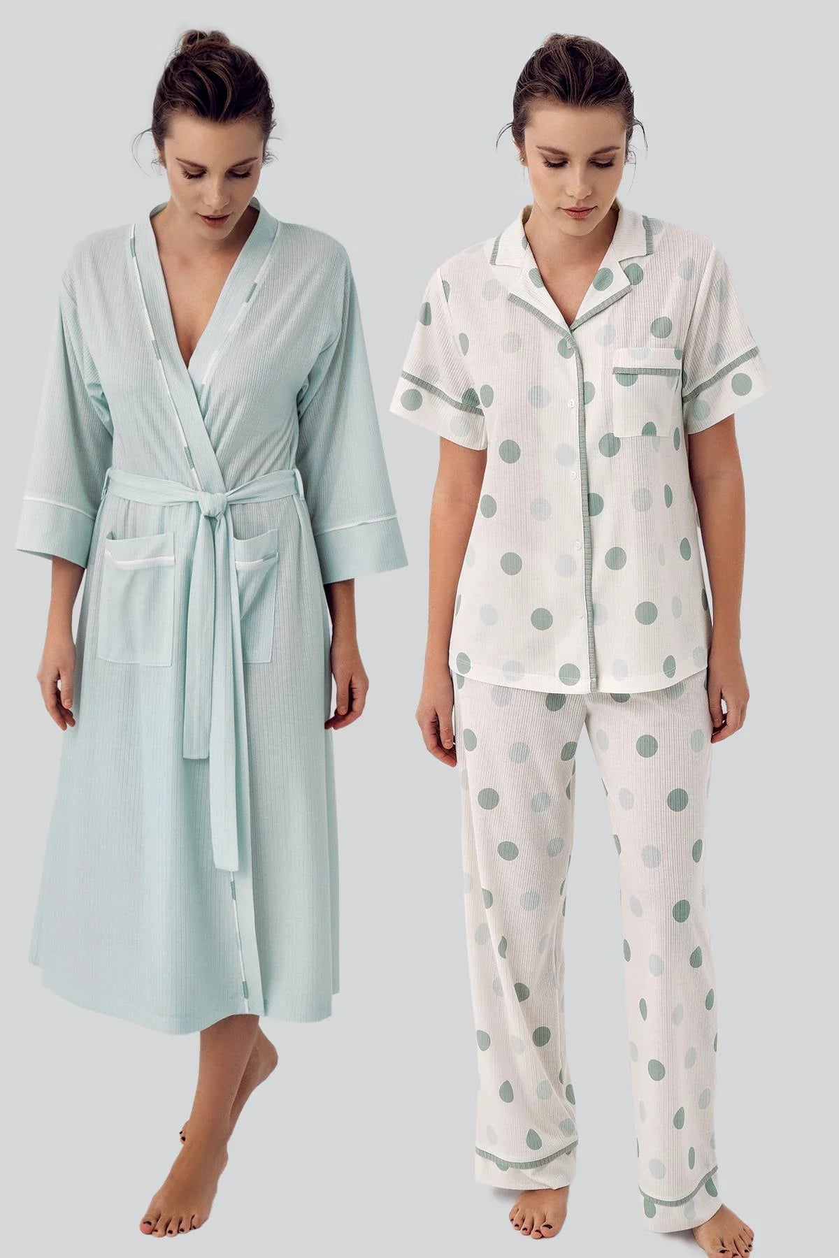 Sabahlıklı Puantiyeli Önden Düğmeli Lohusa Pijama Takımı - 16310