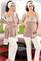 Dantelli Sabahlıklı Askılı Lohusa Pijama Takımı Kahve - 18221
