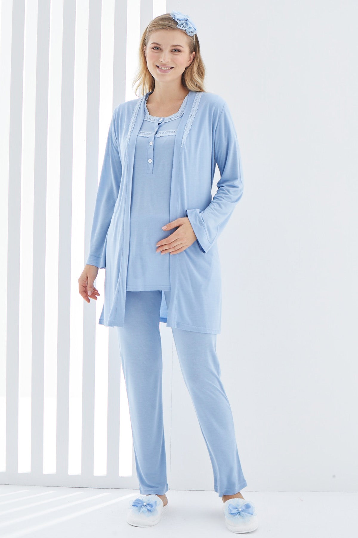 Sabahlıklı Güpürlü Yaka Lohusa Pijama Takımı - 3413