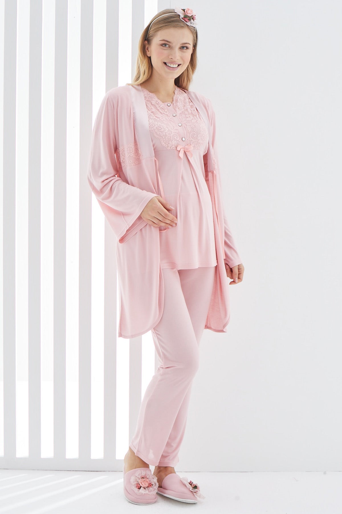 Sabahlıklı Dantelli Yaka Lohusa Pijama Takımı - 3410