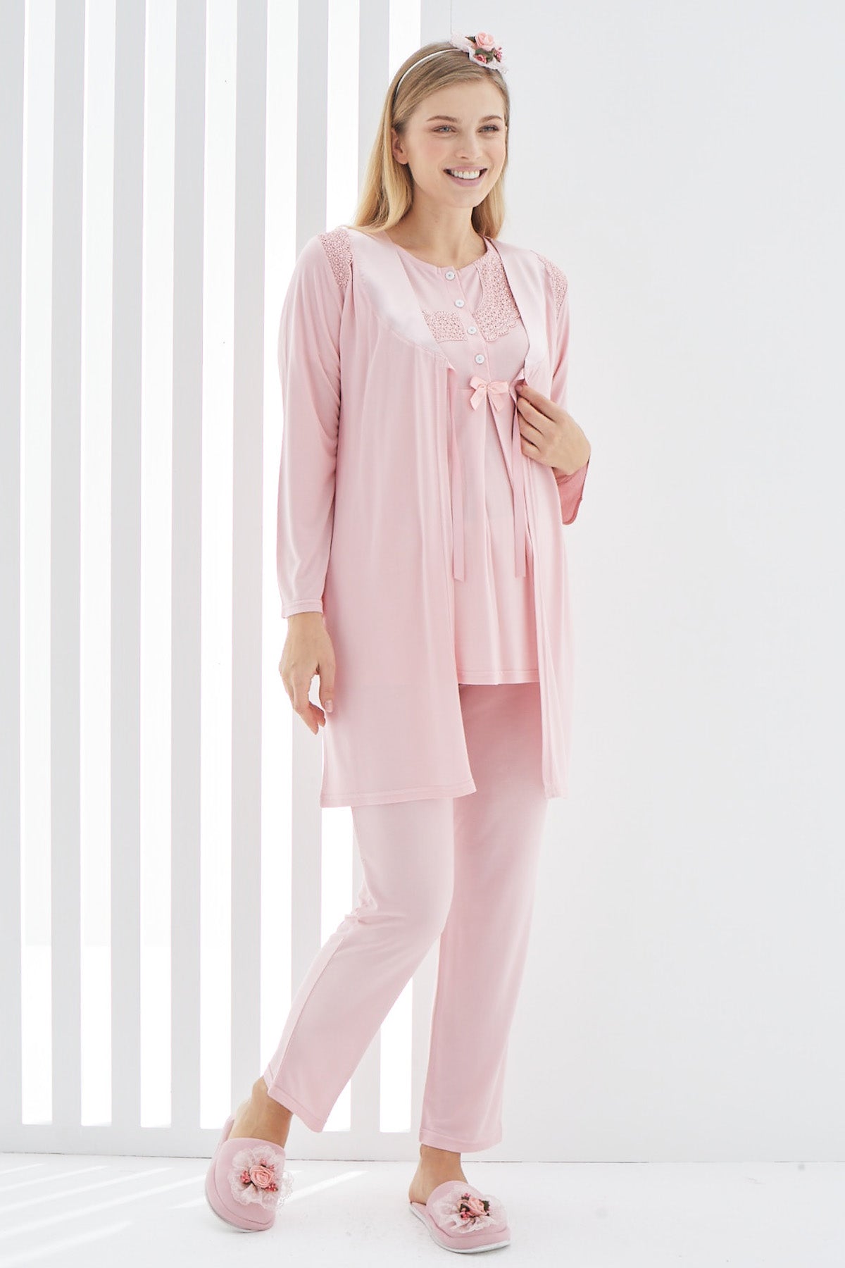Sabahlıklı Güpürlü Lohusa Pijama Takımı - 3407