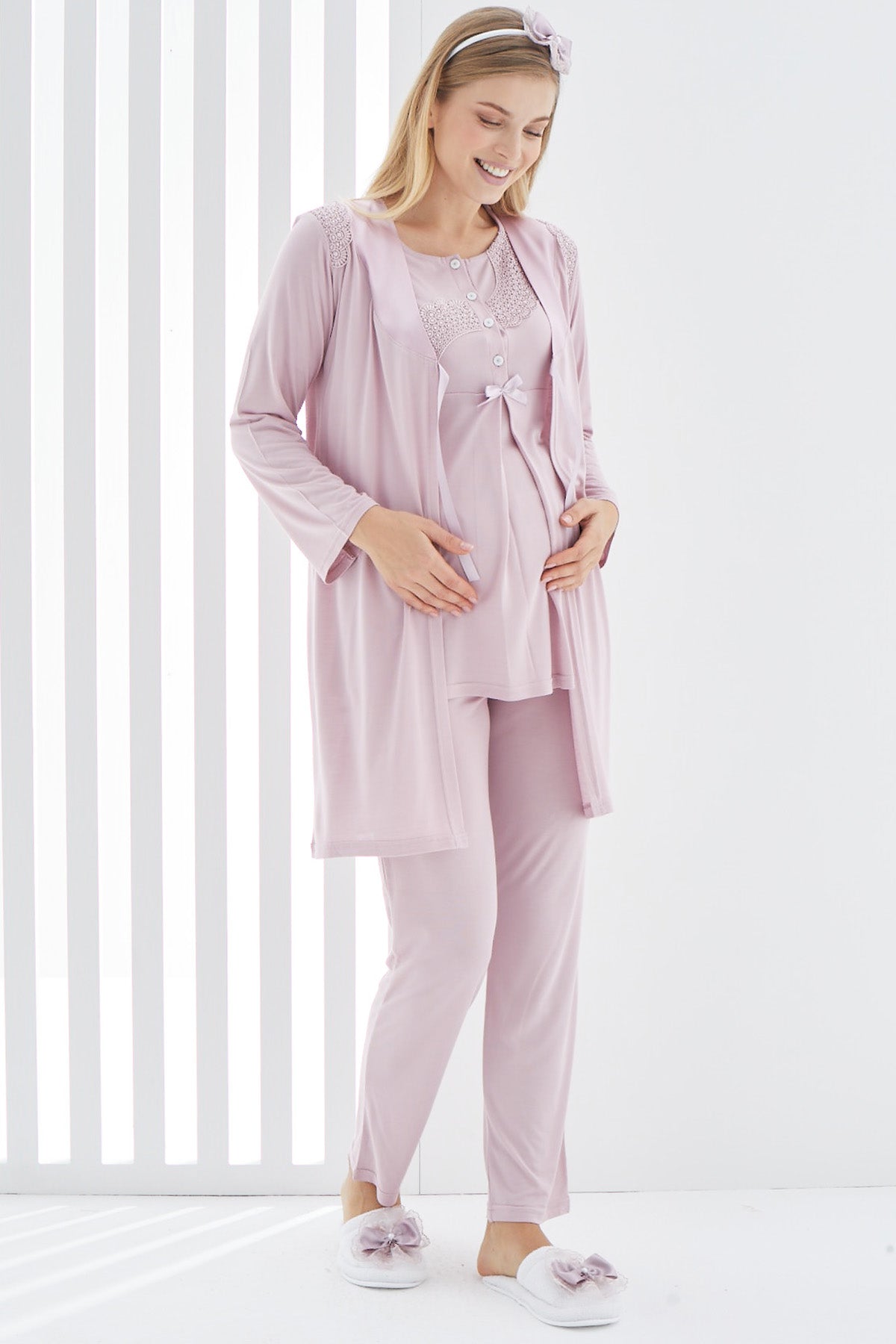 Sabahlıklı Güpürlü Lohusa Pijama Takımı - 3407