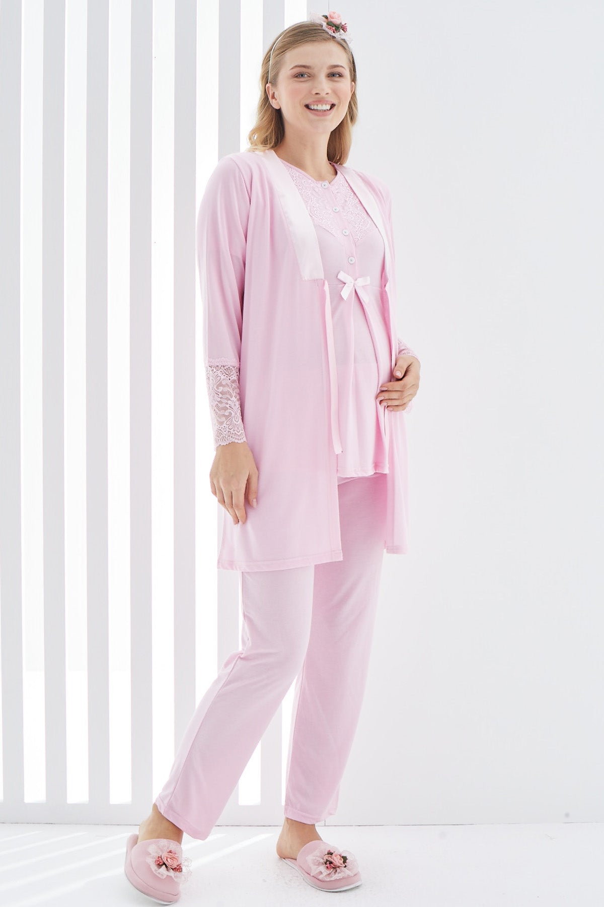 Dantelli Kol Sabahlıklı Lohusa Pijama Takımı - 3404