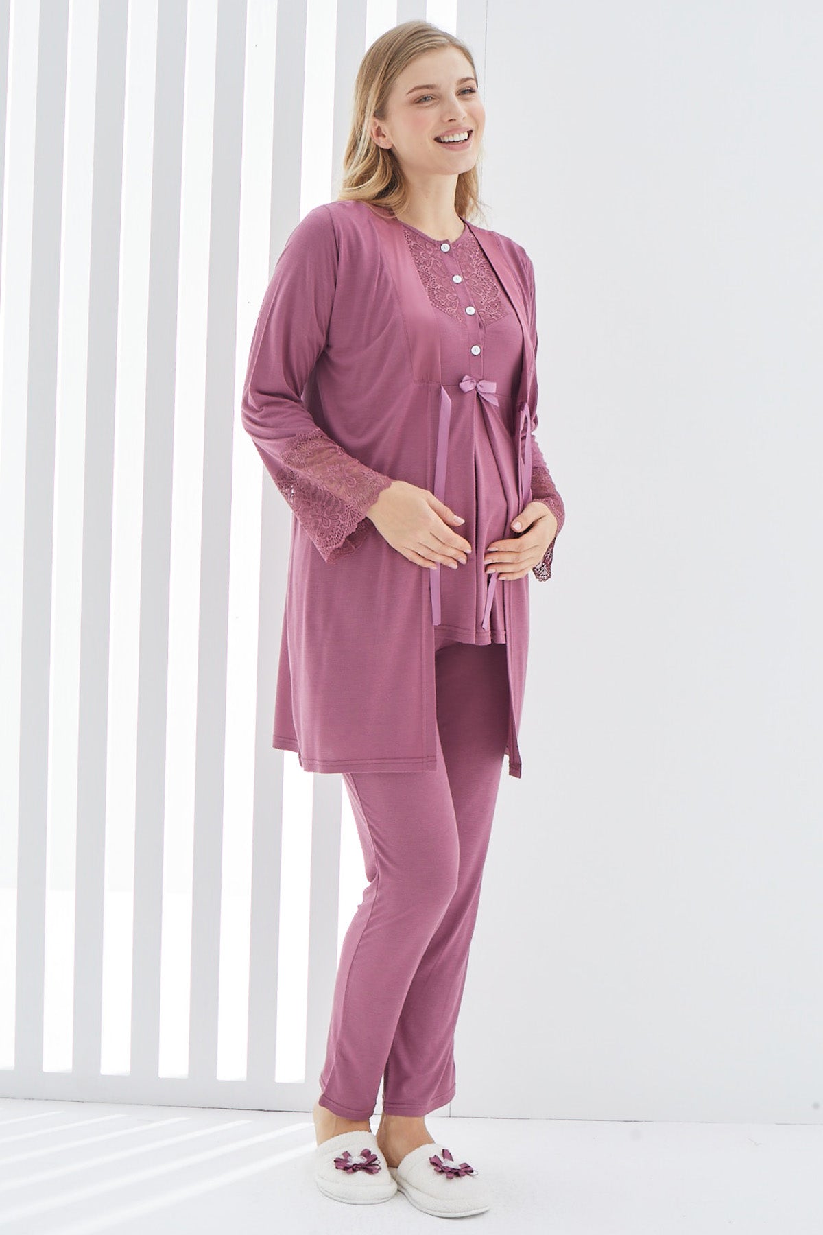 Dantelli Kol Sabahlıklı Lohusa Pijama Takımı - 3404