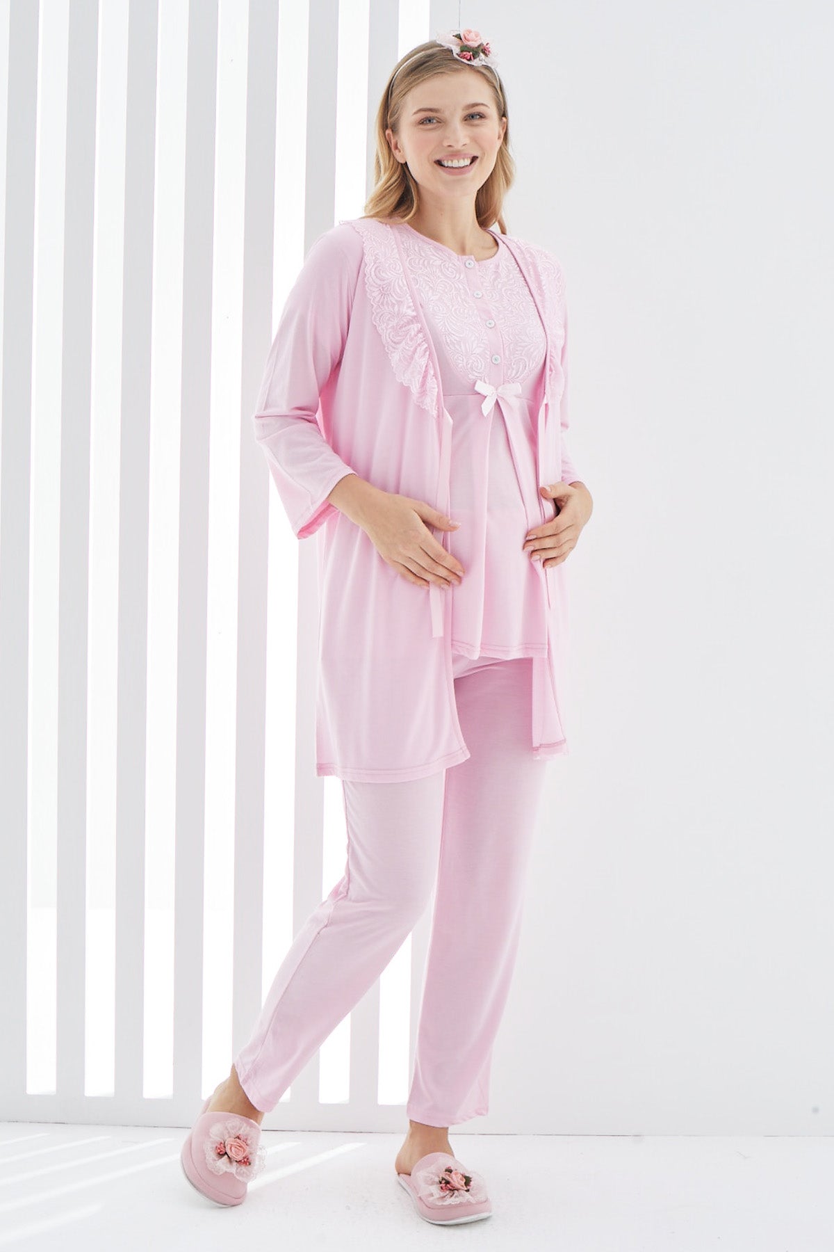 Dantelli Yaka Sabahlıklı Güpürlü Lohusa Pijama Takımı - 3403
