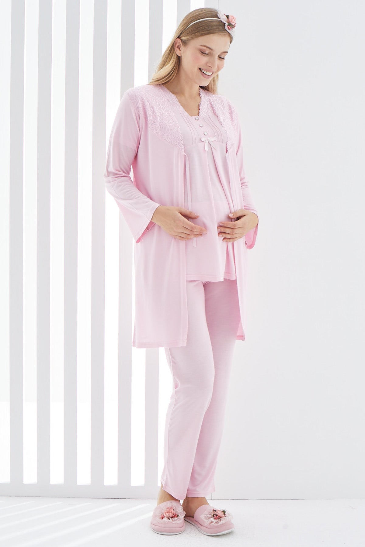 Güpürlü Sabahlıklı Lohusa Pijama Takımı - 3402