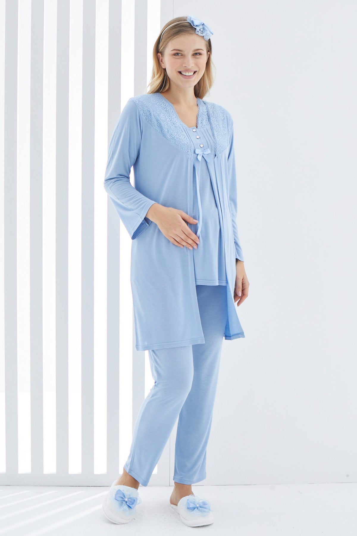 Güpürlü Sabahlıklı Lohusa Pijama Takımı - 3402