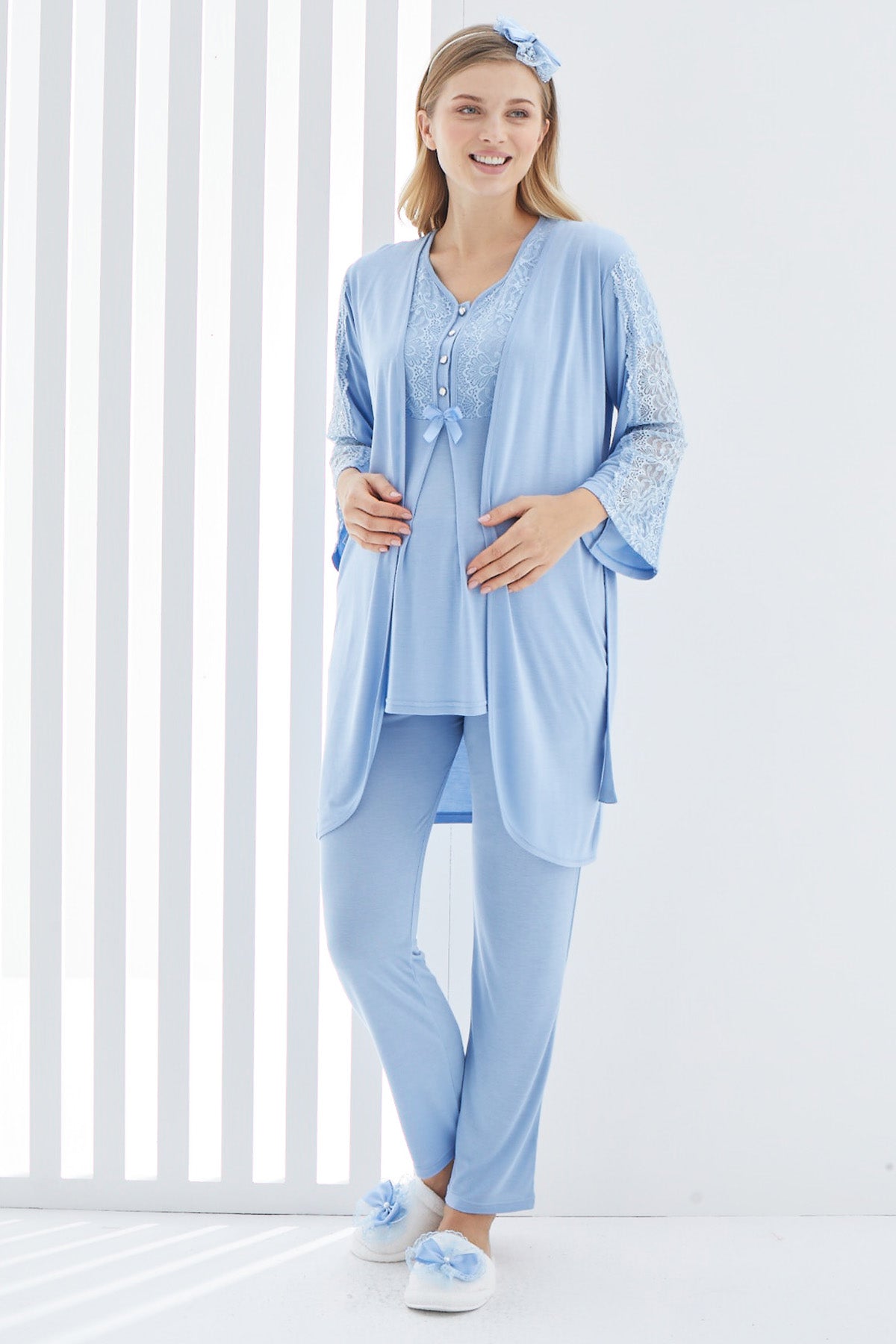 Dantelli Kol Sabahlıklı Güpürlü Lohusa Pijama Takımı - 3401