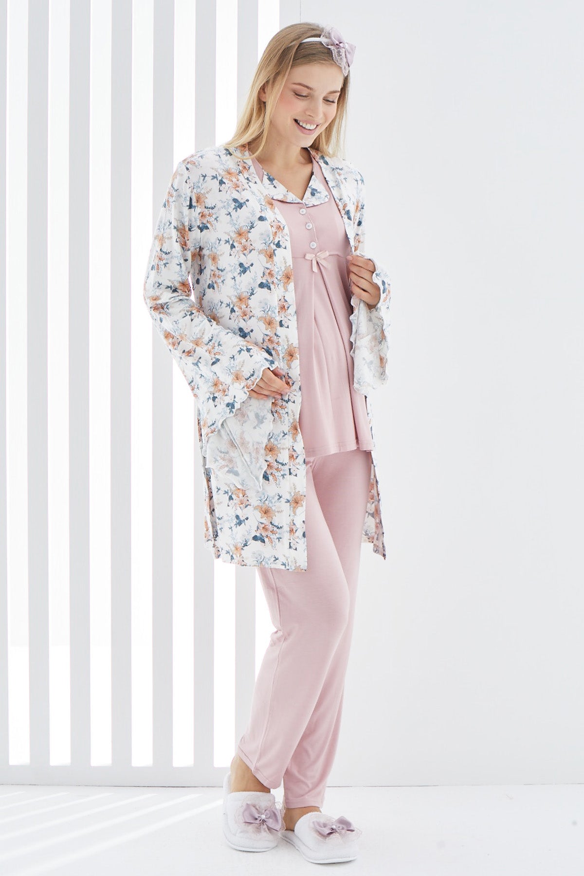 Volan Kol Sabahlıklı Çiçekli Yaka Lohusa Pijama Takımı - 3400