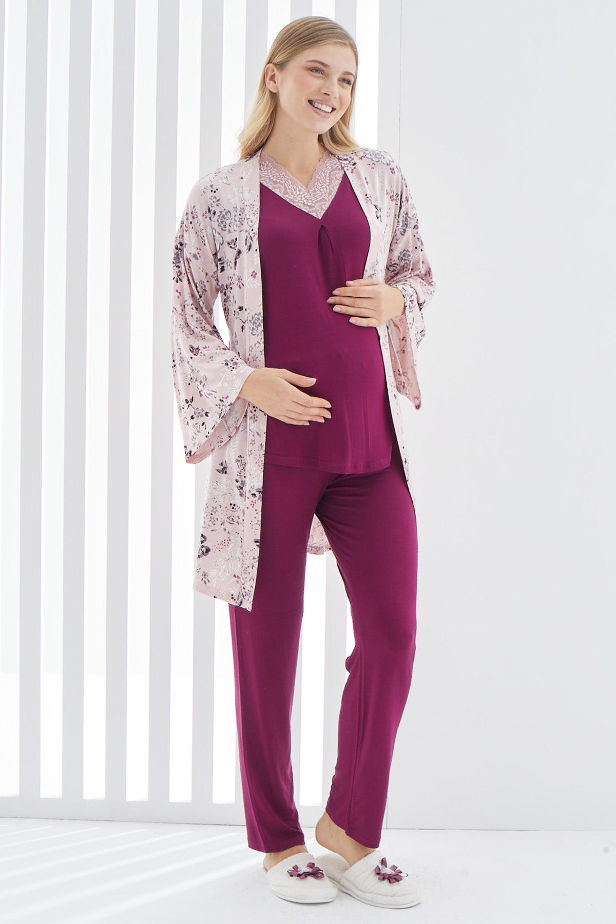 Çiçekli Sabahlıklı Dantelli Yaka Lohusa Pijama Takımı - 3398