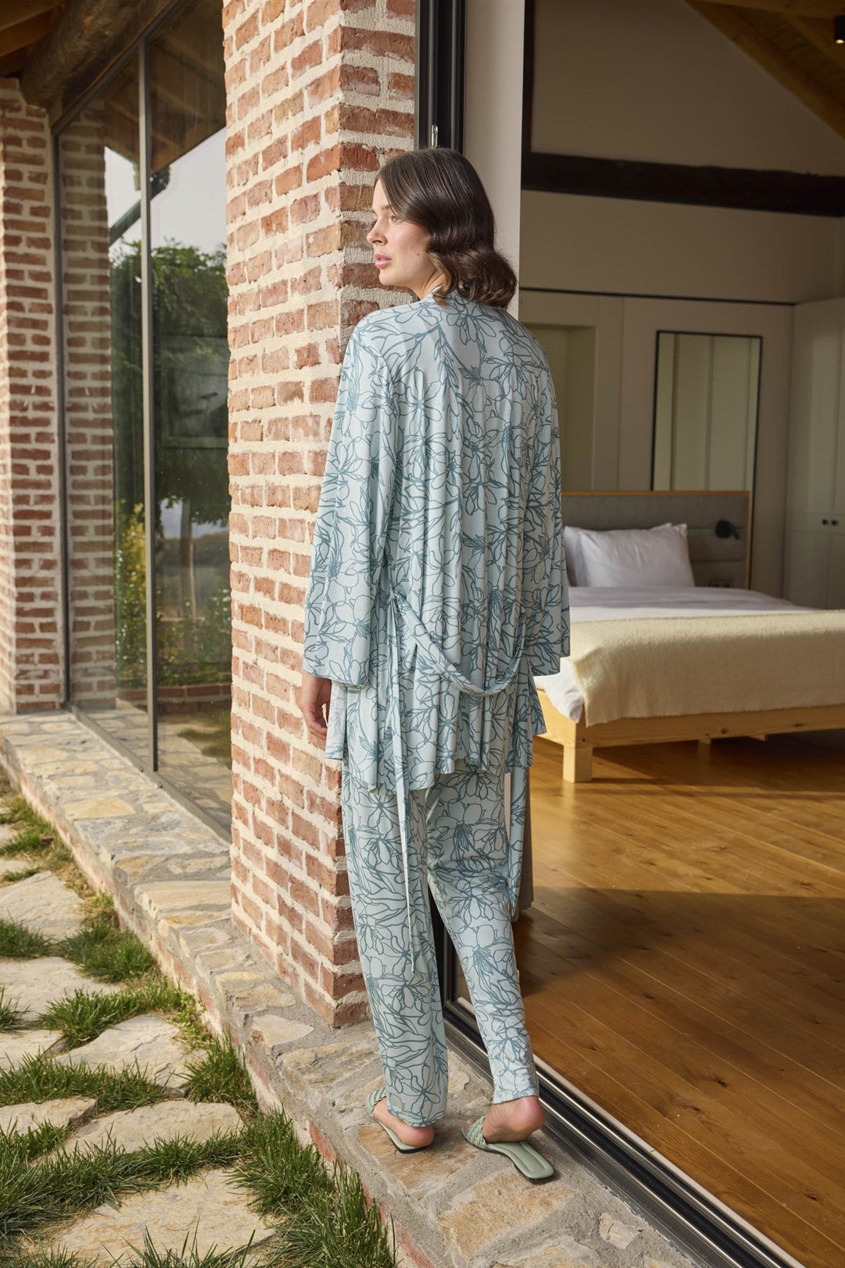 Desenli Sabahlıklı Dantelli Lohusa Pijama Takımı - 24093