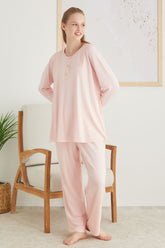 Güpürlü Yaka Büyük Beden Lohusa Pijama Takımı Somon - 2822