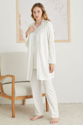 Sabahlıklı Dantelli Yaka Lohusa Pijama Takımı Ekru - 2825
