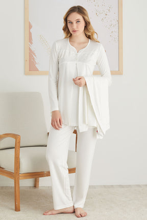 Sabahlıklı Dantelli Yaka Lohusa Pijama Takımı Ekru - 2825