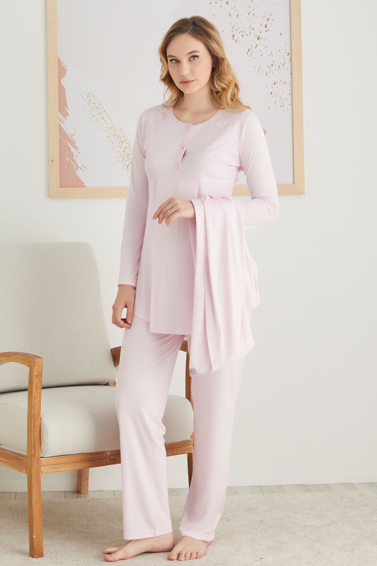 Sabahlıklı Dantelli Omuz Lohusa Pijama Takımı Pembe - 2827