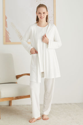 Sabahlıklı Dantelli Omuz Lohusa Pijama Takımı Ekru - 2827