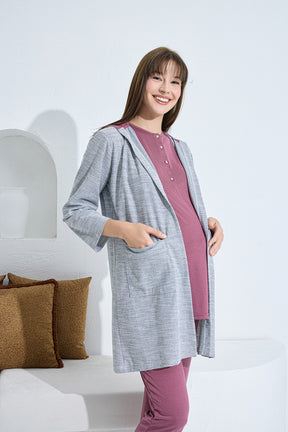 Kapüşonlu Melanj Sabahlıklı Lohusa Pijama Takımı Vişne - 3375