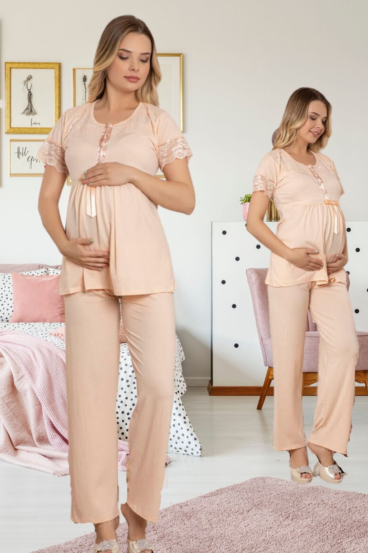 Dantelli Kol Lohusa Pijama Takımı Somon - 40620