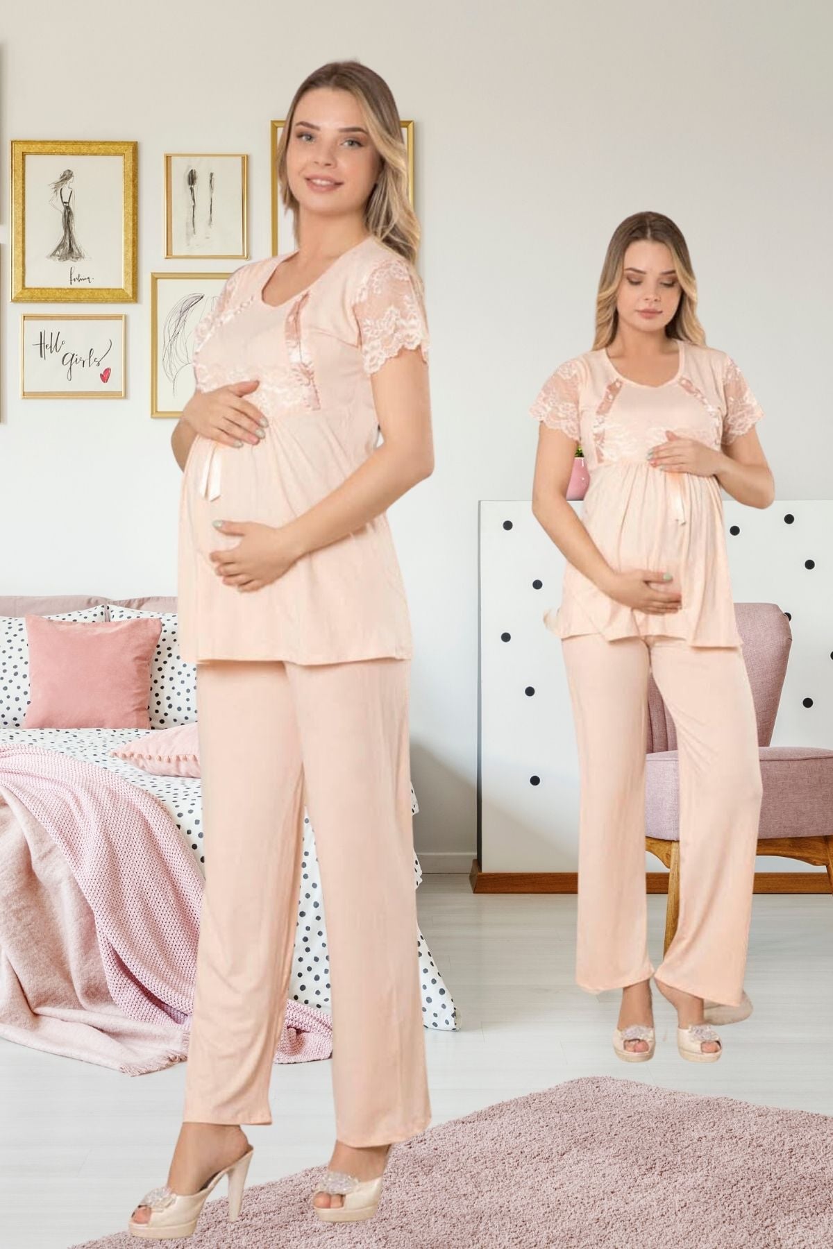 Dantelli Kol Lohusa Pijama Takımı Somon - 40651